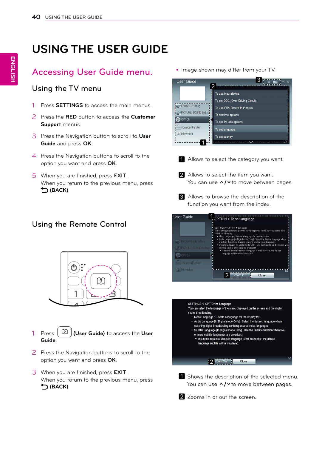 LG Electronics 24MN33V Using the User Guide, Accessing User Guide menu, Using the TV menu, Using the Remote Control 