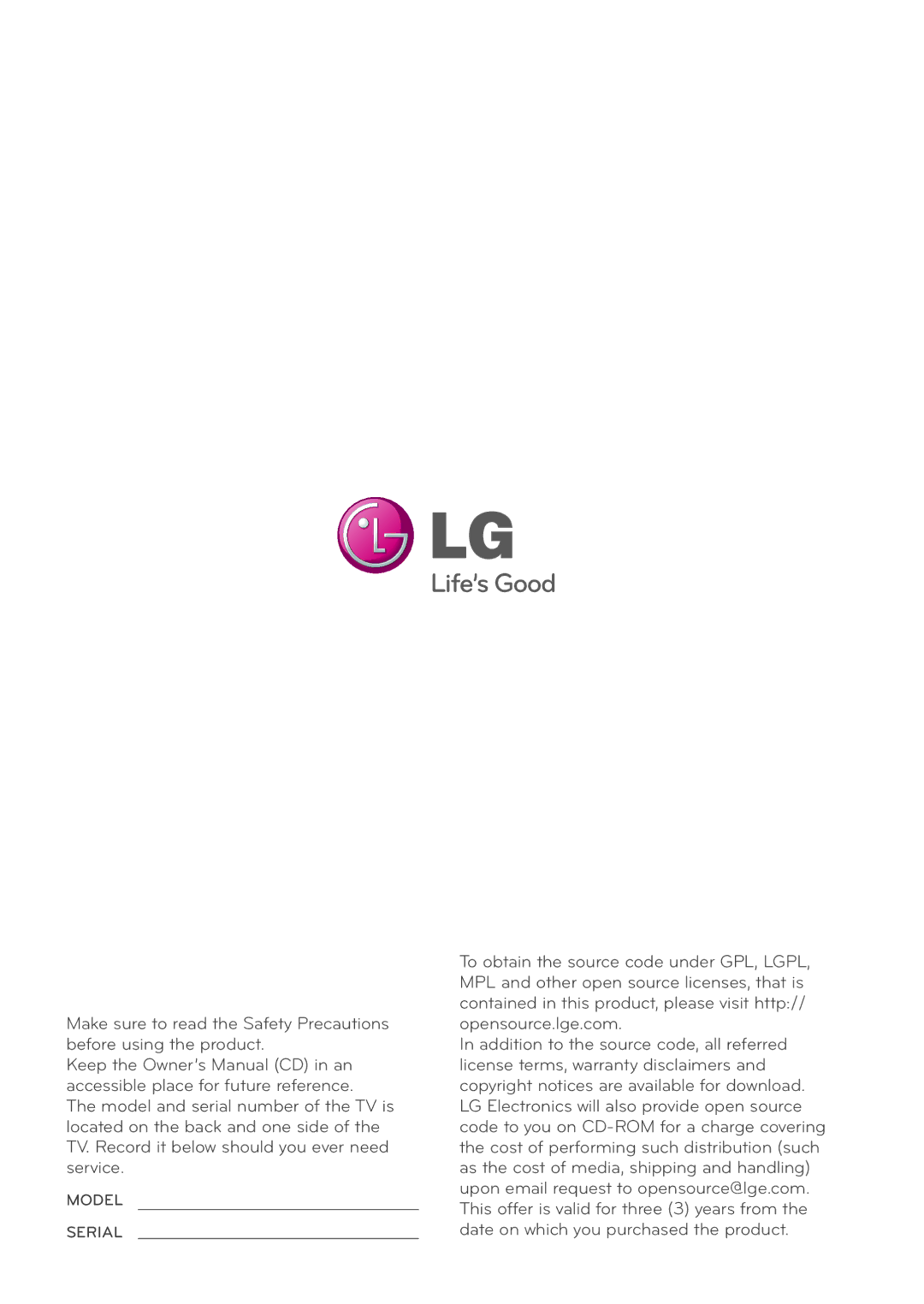 LG Electronics 22MA33D, 24MN33V, 24MN33D, 22MA33V, 29MN33D, 26MA33D, 26MA33V, 29MN33V owner manual Model Serial 