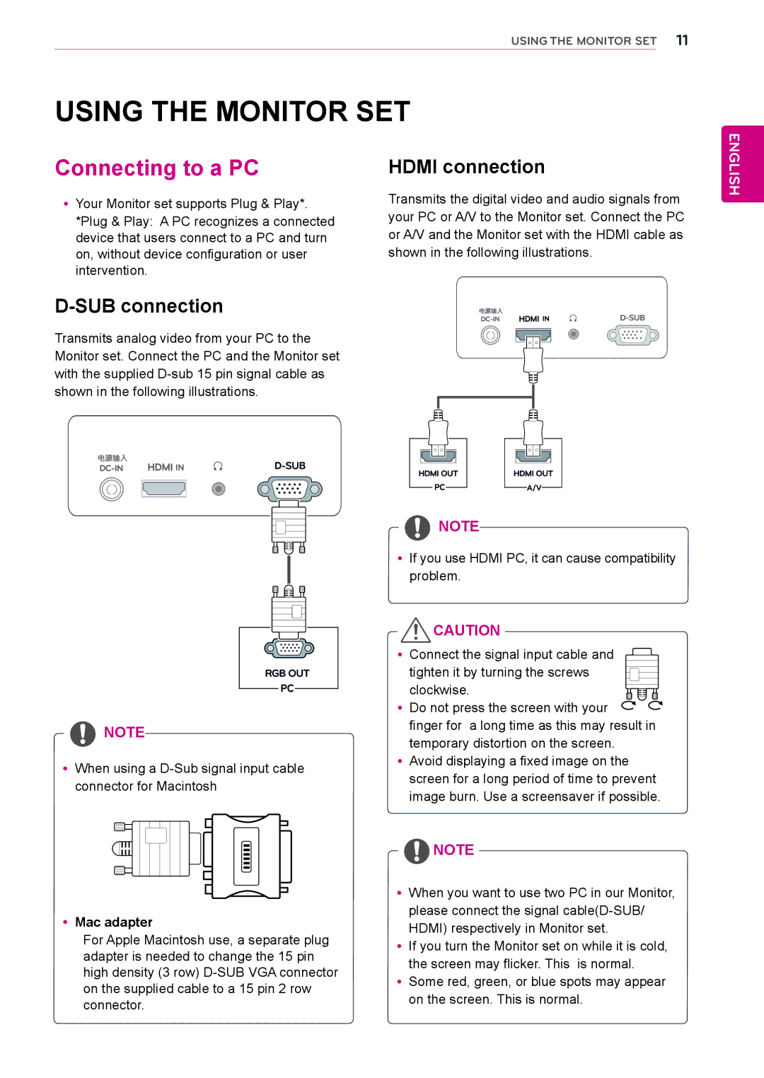 LG Electronics 24MP55HQP Using the Monitor SET, Connecting to a PC, Hdmi connection, SUB connection, YyMac adapter 