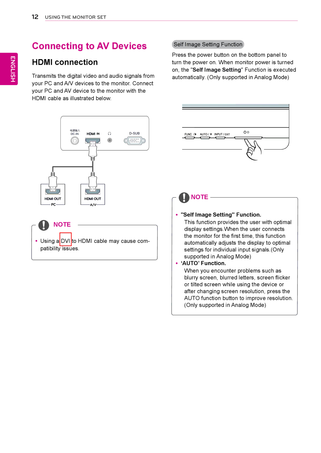 LG Electronics 24MP55HQP owner manual Connecting to AV Devices, YySelf Image Setting Function, Yy‘AUTO’ Function 