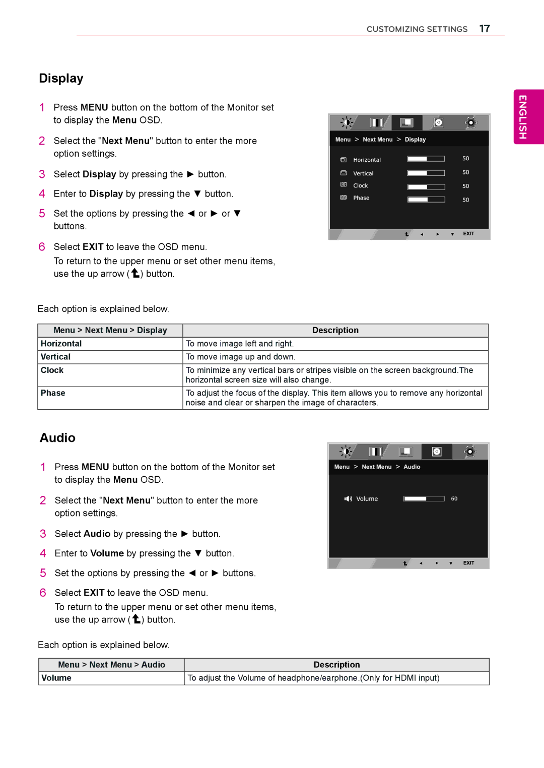 LG Electronics 24MP55HQP owner manual Display, Audio, Noise and clear or sharpen the image of characters 