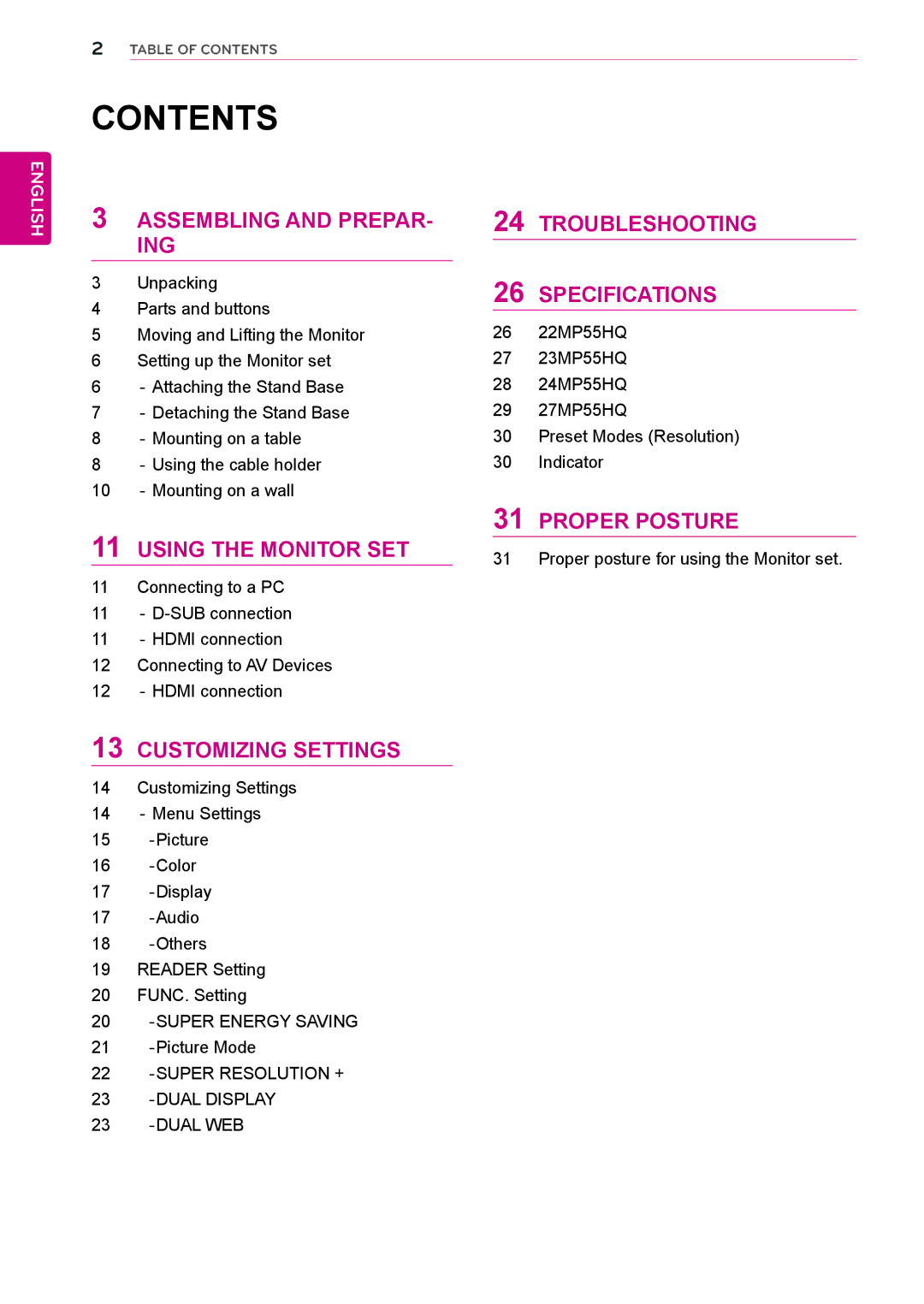 LG Electronics 24MP55HQP owner manual Contents 