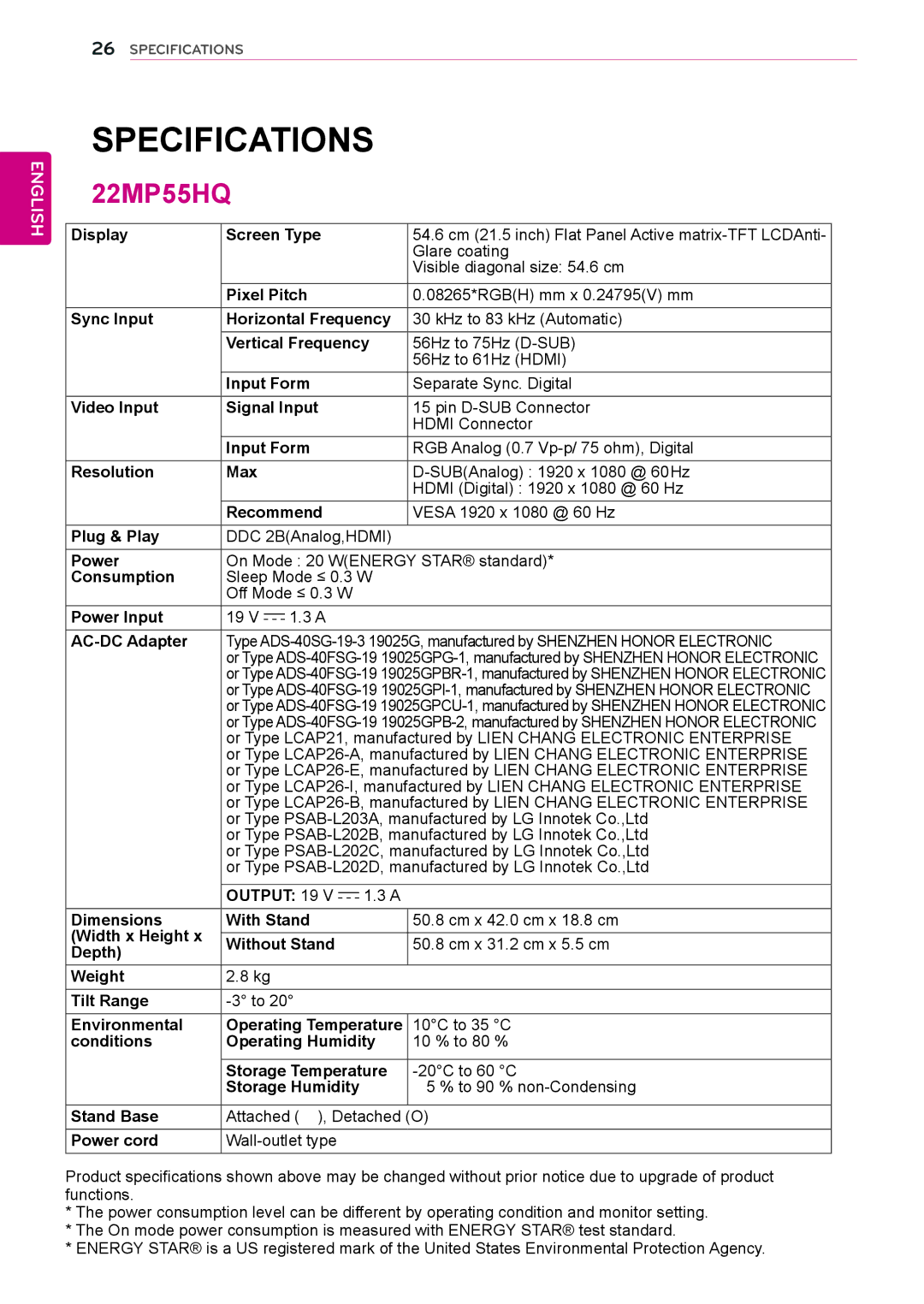 LG Electronics 24MP55HQP owner manual Specifications, 22MP55HQ 