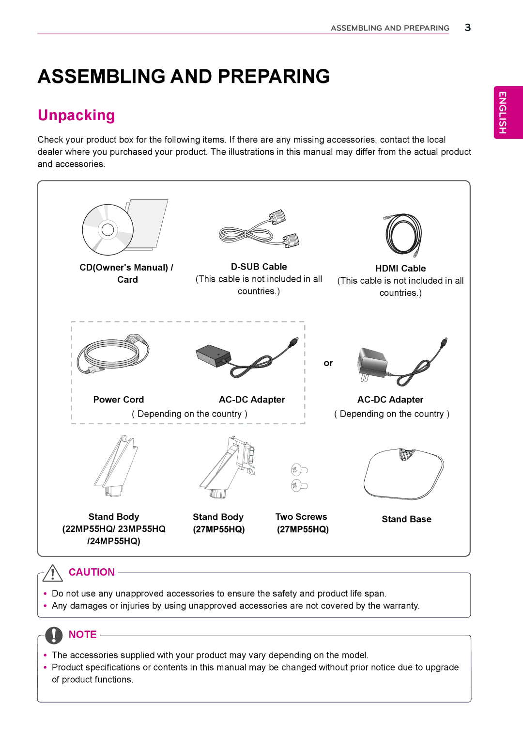 LG Electronics 24MP55HQP owner manual Assembling and Preparing, Unpacking, SUB Cable Hdmi Cable Card 