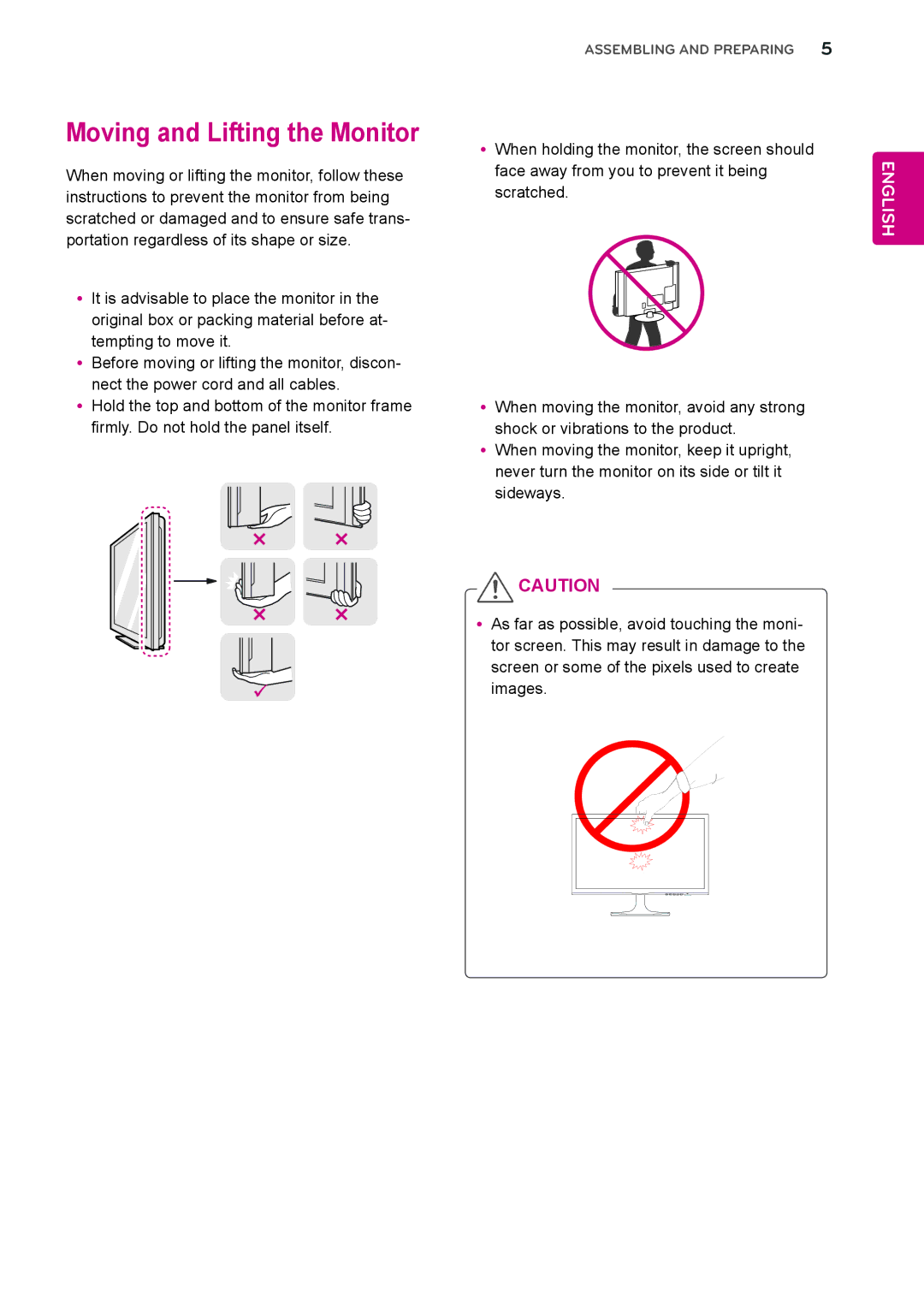 LG Electronics 24MP55HQP owner manual Moving and Lifting the Monitor 