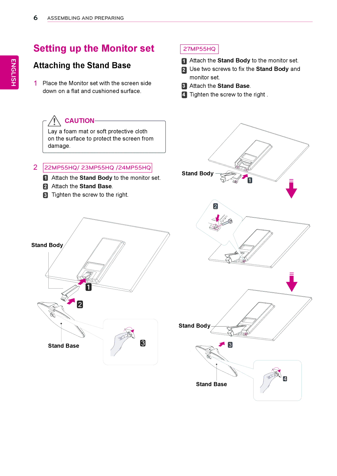 LG Electronics 24MP55HQP owner manual Setting up the Monitor set, Attaching the Stand Base, Stand Body Stand Base 