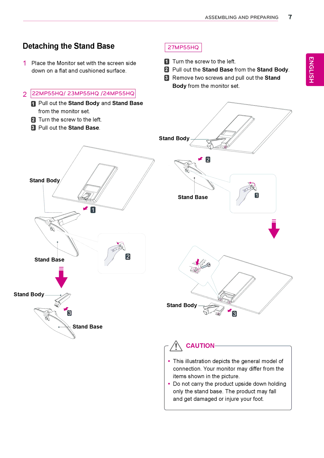 LG Electronics 24MP55HQP owner manual Detaching the Stand Base, Pull out the Stand Body and Stand Base from the monitor set 