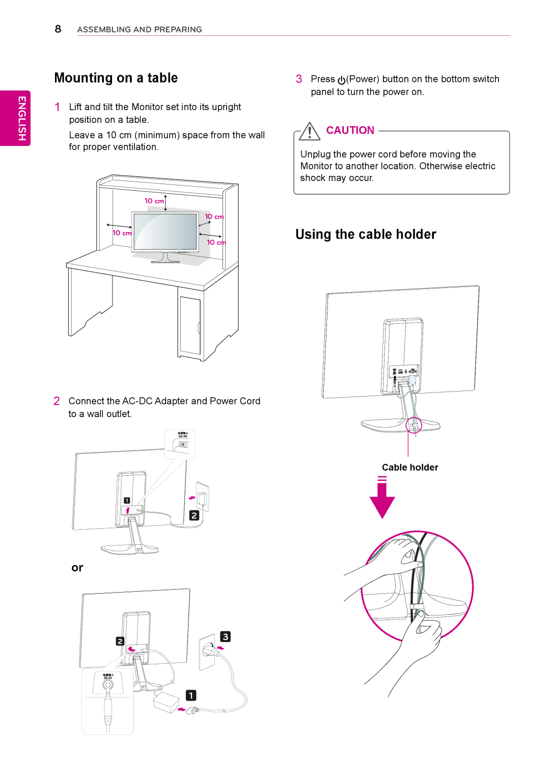 LG Electronics 24MP55HQP owner manual Mounting on a table, Using the cable holder, Cable holder 