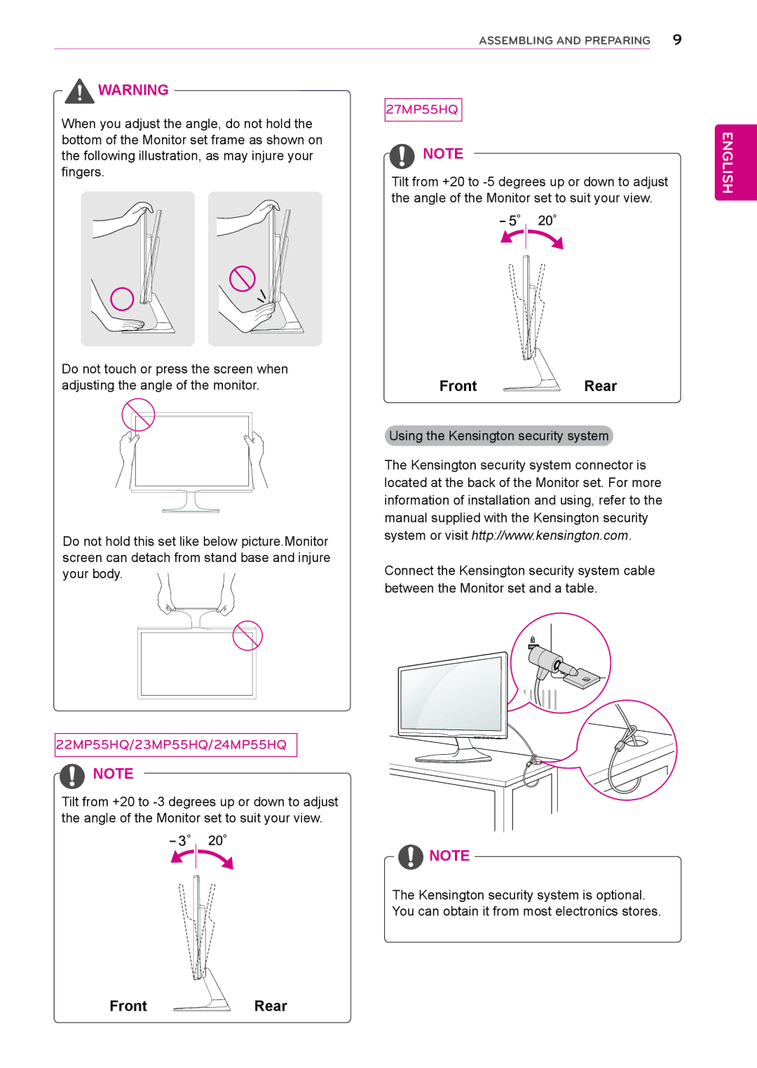 LG Electronics 24MP55HQP owner manual Front Rear 