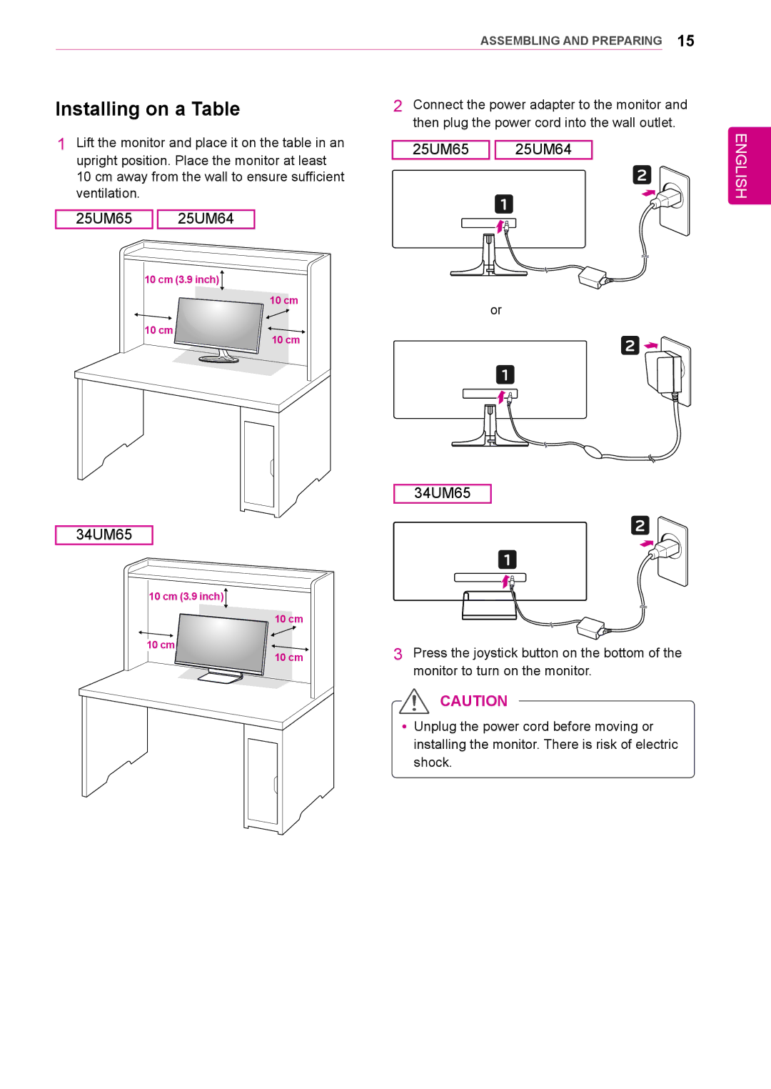LG Electronics 25UM64-S owner manual Installing on a Table 