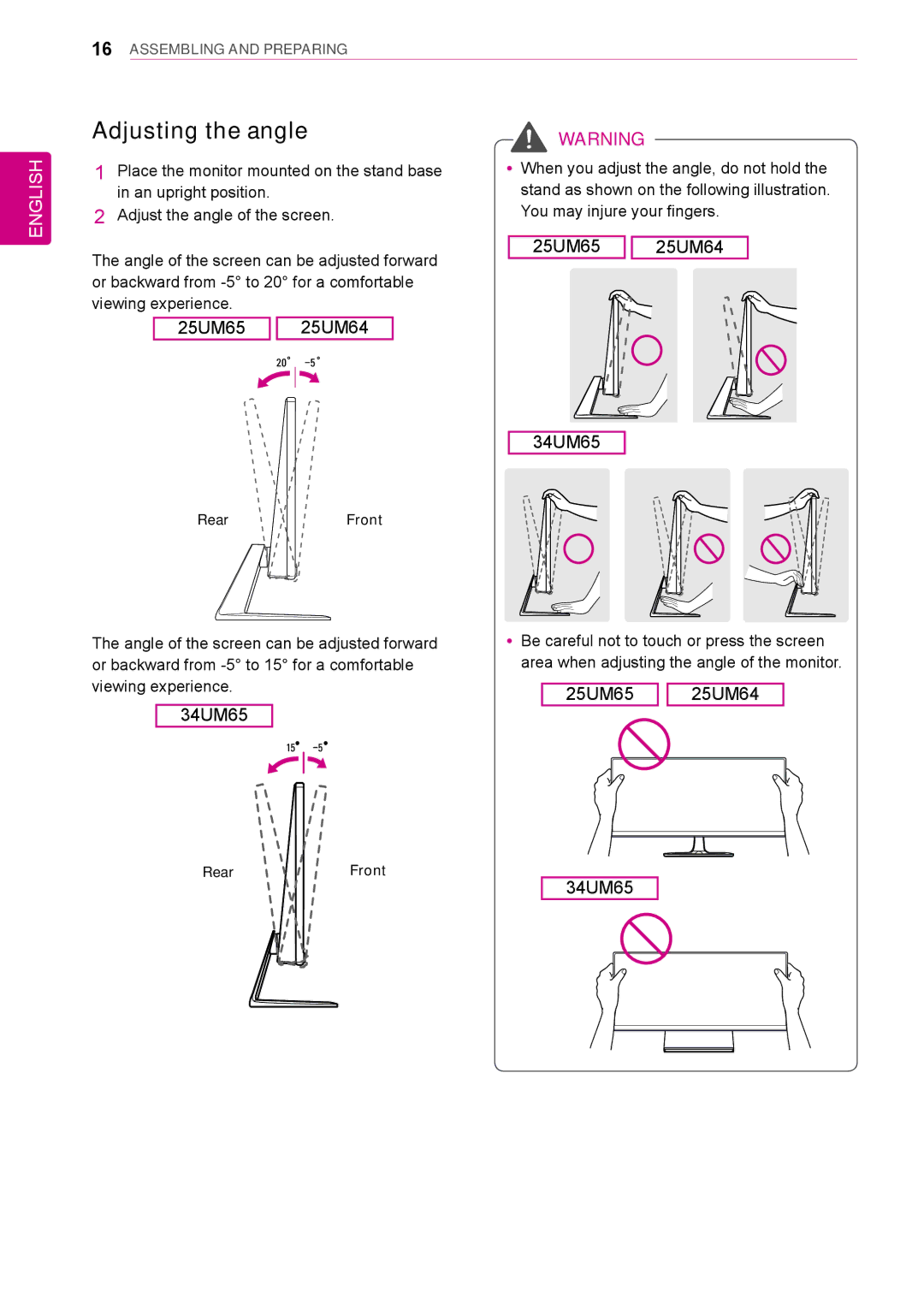 LG Electronics 25UM64-S owner manual Adjusting the angle 