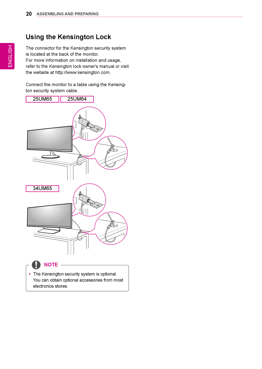 LG Electronics 25UM64-S owner manual Using the Kensington Lock 