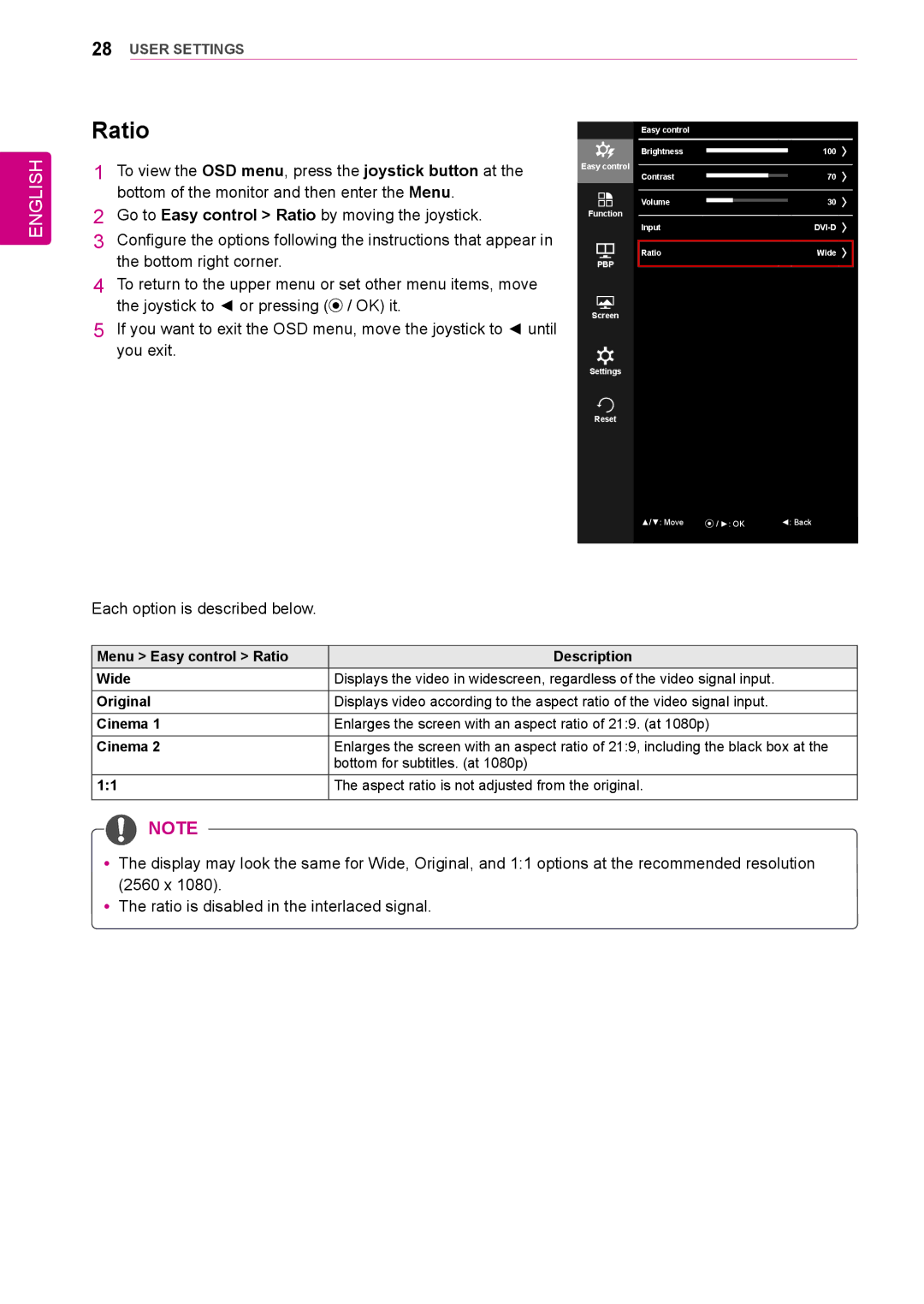 LG Electronics 25UM64-S owner manual Ratio, Each option is described below 