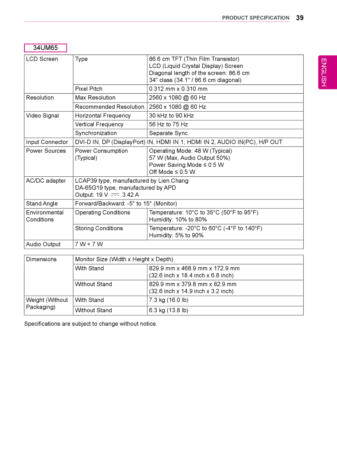 LG Electronics 25UM64-S owner manual 34UM65 