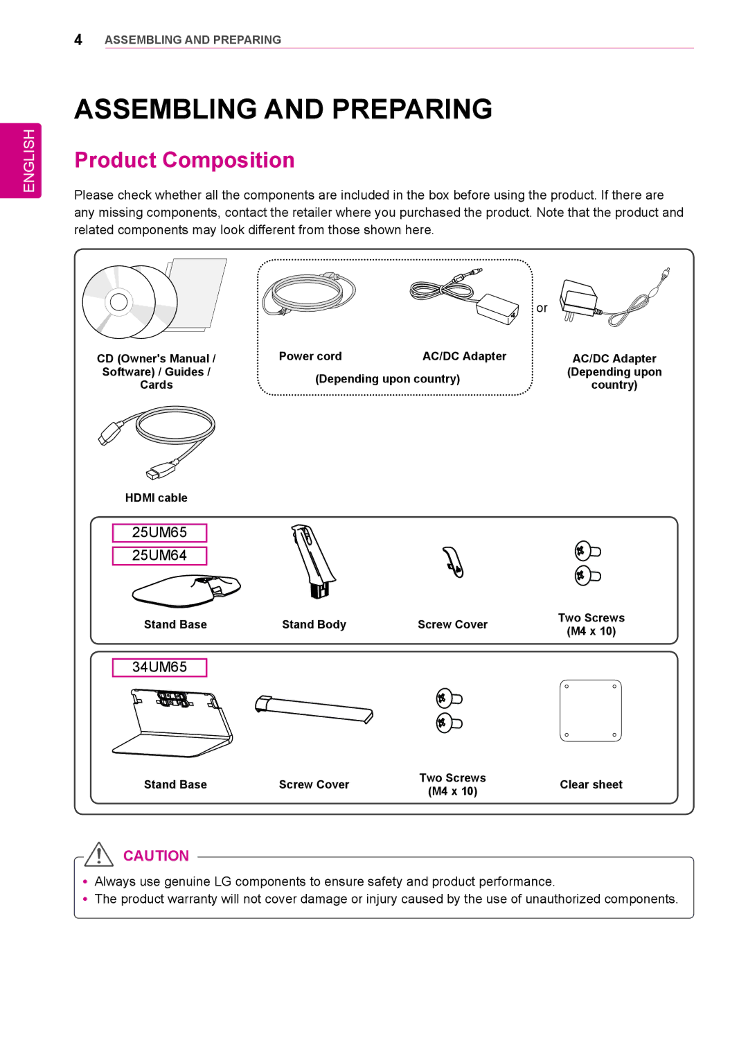 LG Electronics 25UM64-S owner manual Assembling and Preparing, Product Composition 