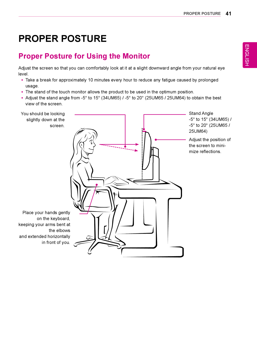 LG Electronics 25UM64-S owner manual Proper Posture for Using the Monitor 