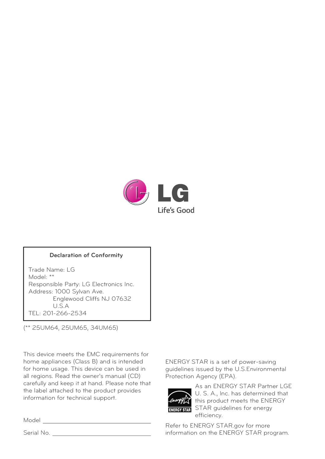 LG Electronics 25UM64-S owner manual Declaration of Conformity 