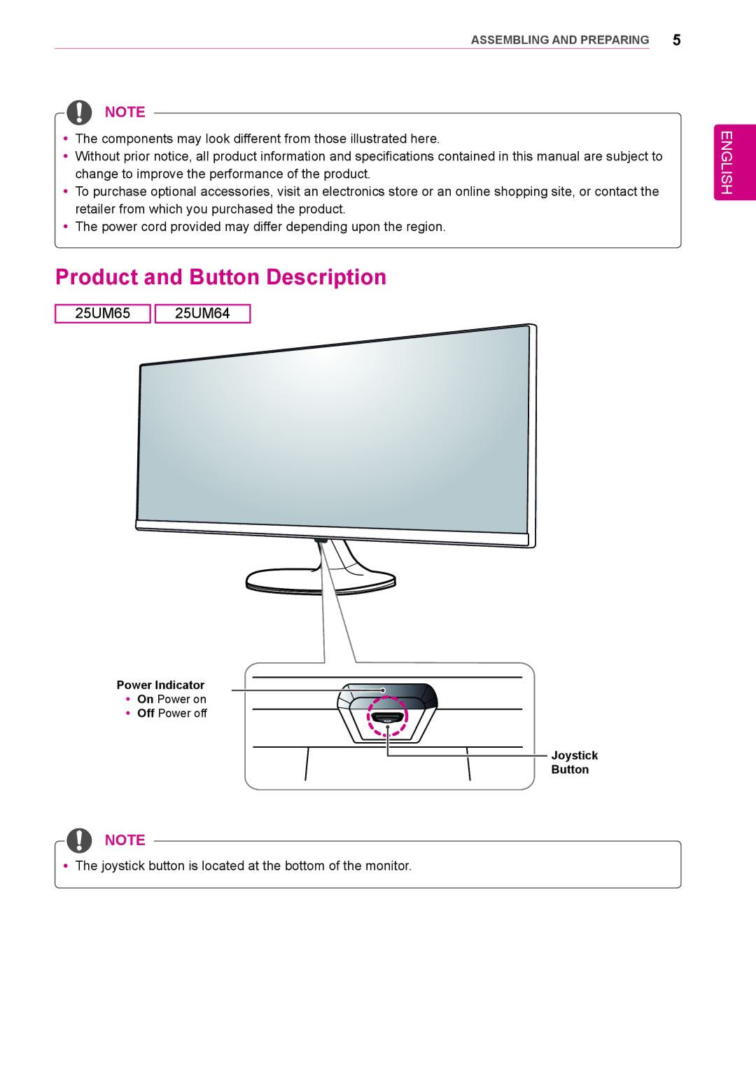 LG Electronics 25UM64-S owner manual Product and Button Description 