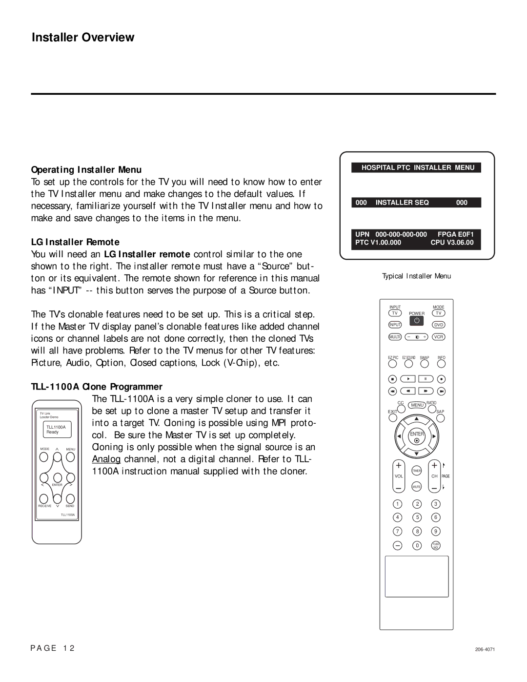 LG Electronics 26-3DCH-UA Installer Overview, Operating Installer Menu, LG Installer Remote, TLL-1100A Clone Programmer 