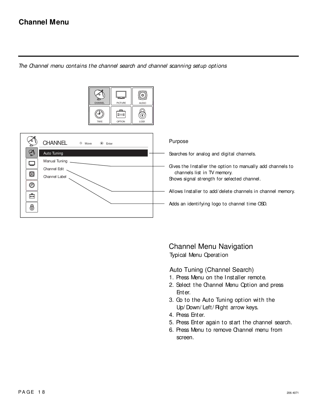 LG Electronics 26-3DCH-UA, 32-3DCH-UA setup guide Channel Menu Navigation, Auto Tuning Channel Search, Purpose 