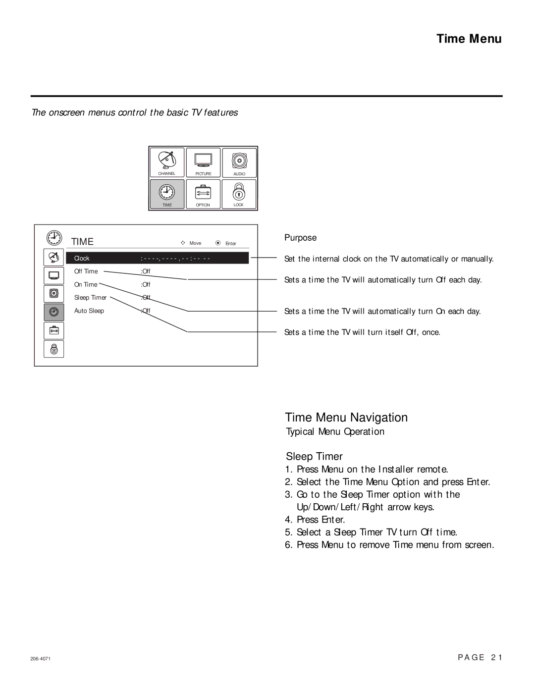 LG Electronics 32-3DCH-UA, 26-3DCH-UA setup guide Time Menu Navigation, Sleep Timer 