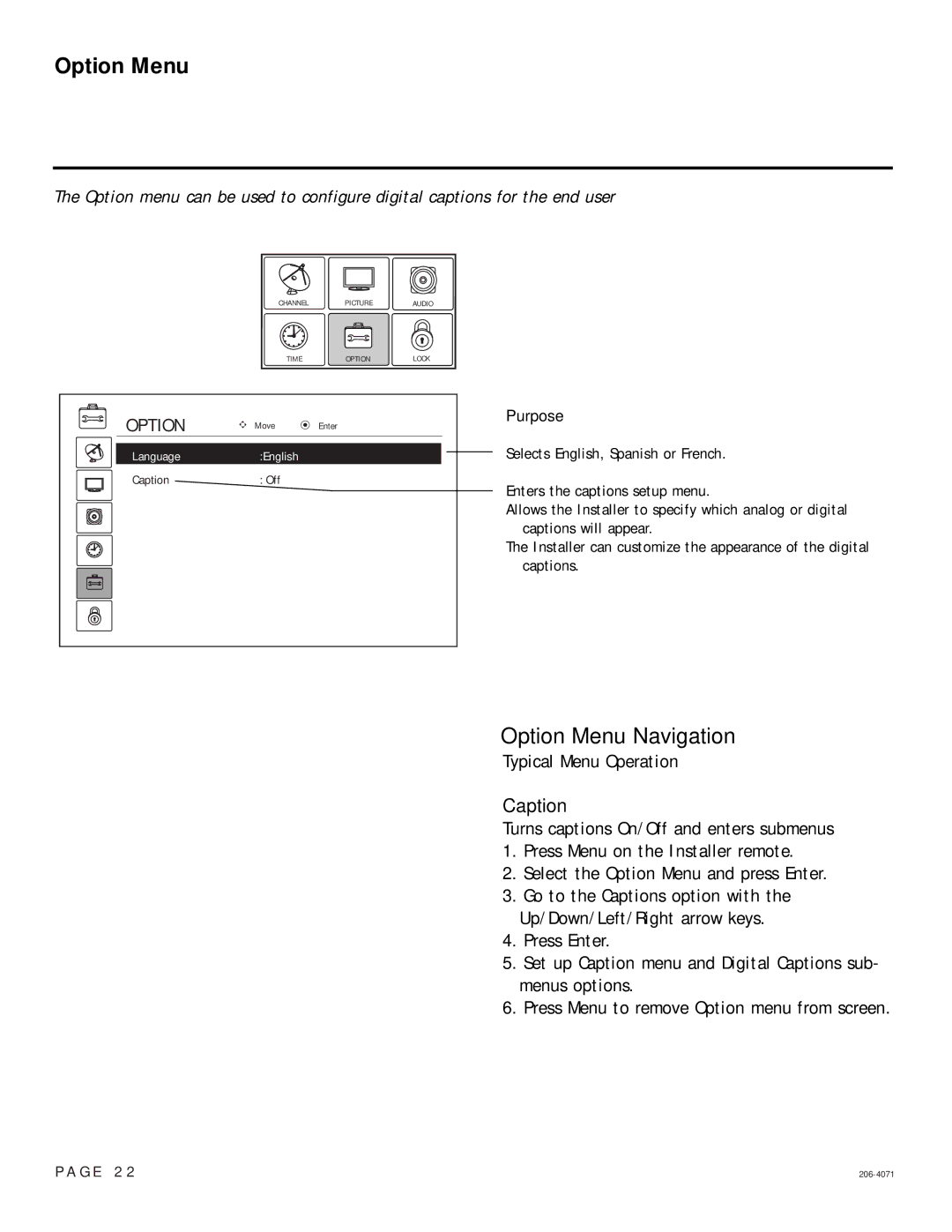 LG Electronics 26-3DCH-UA, 32-3DCH-UA setup guide Option Menu Navigation, Caption 