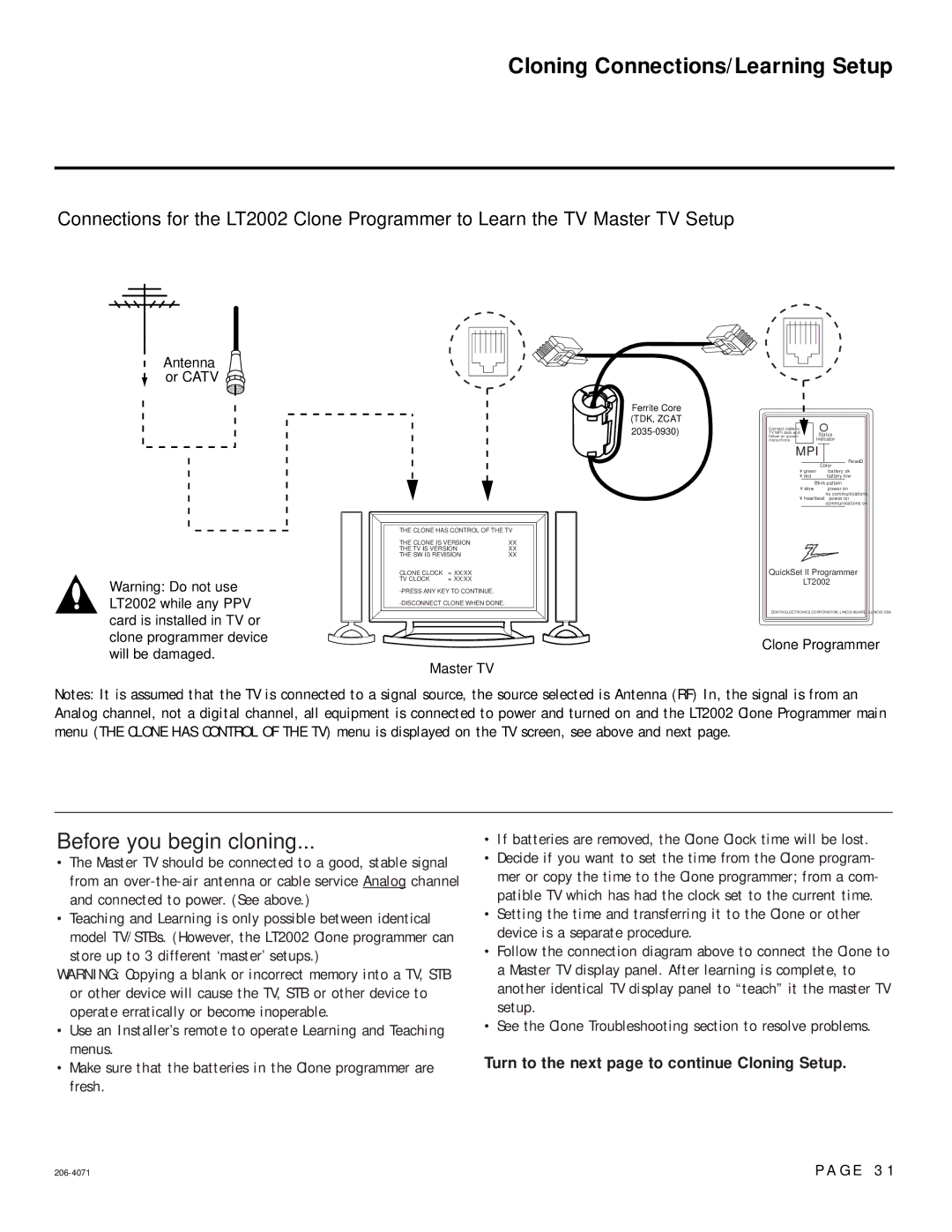 LG Electronics 32-3DCH-UA Cloning Connections/Learning Setup, Before you begin cloning, Master TV Clone Programmer 