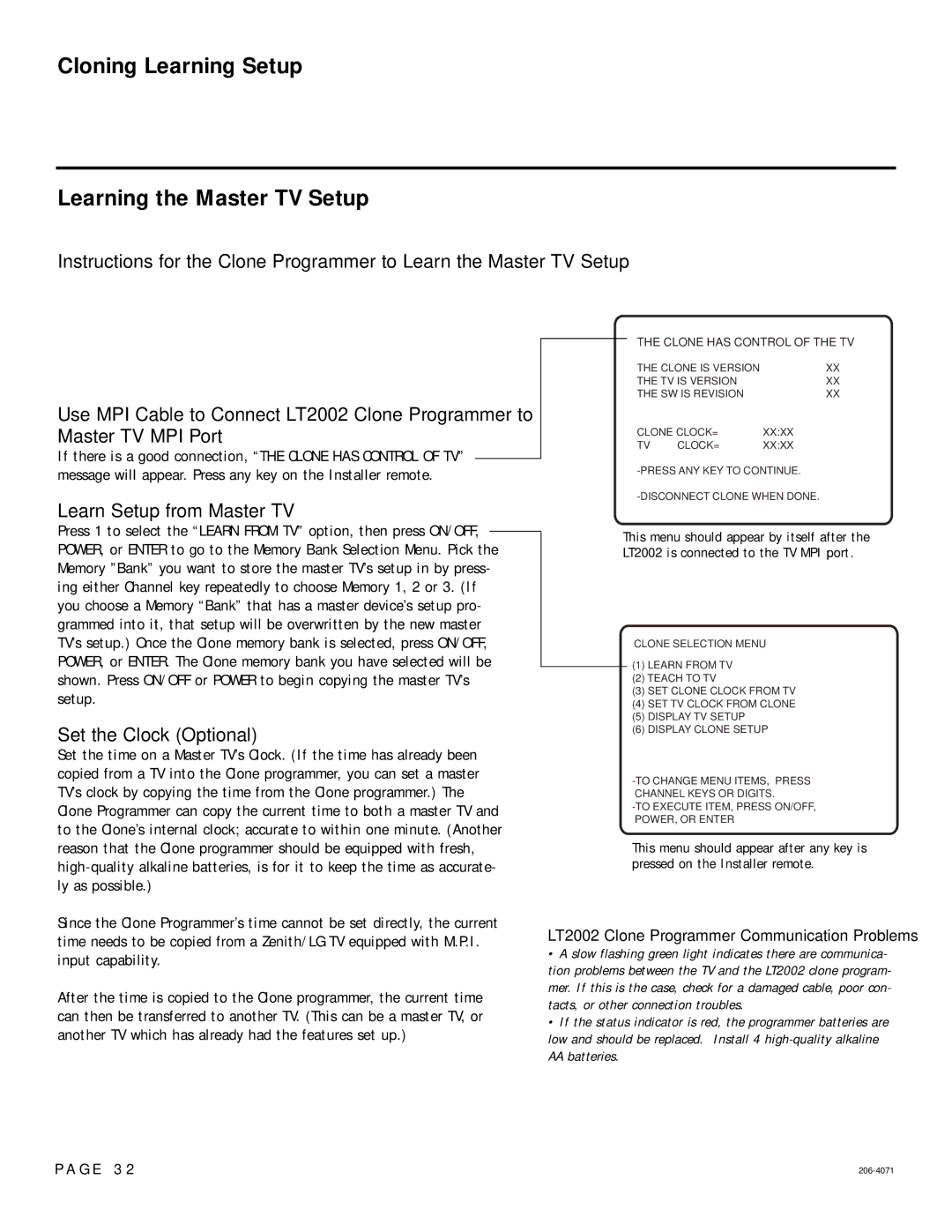 LG Electronics 26-3DCH-UA, 32-3DCH-UA Cloning Learning Setup Learning the Master TV Setup, Learn Setup from Master TV 