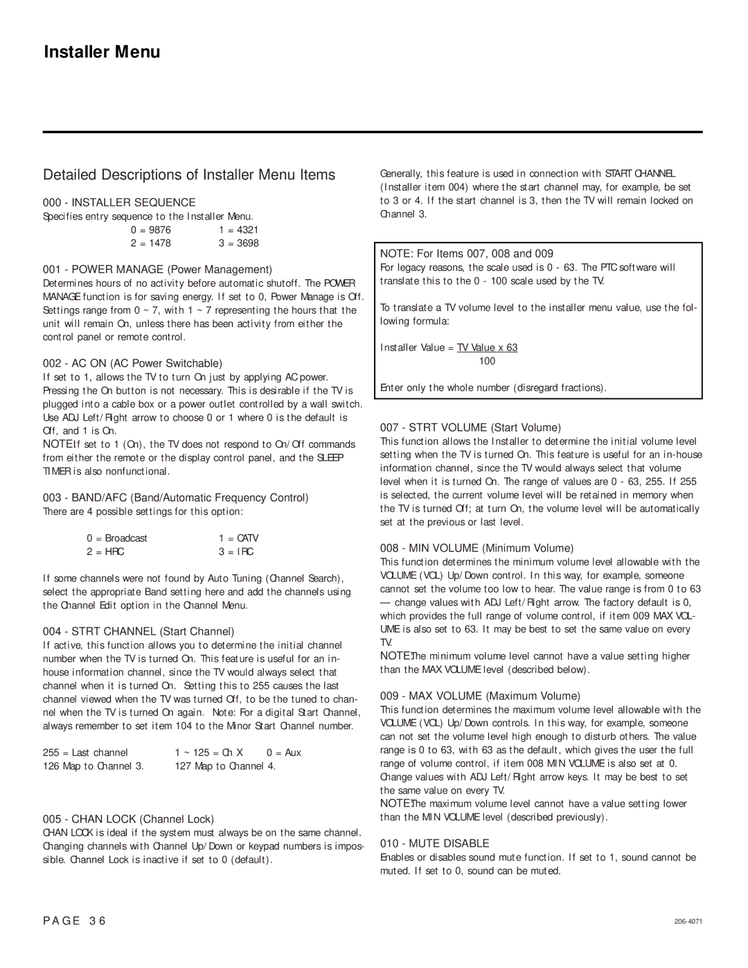 LG Electronics 26-3DCH-UA, 32-3DCH-UA setup guide Detailed Descriptions of Installer Menu Items 