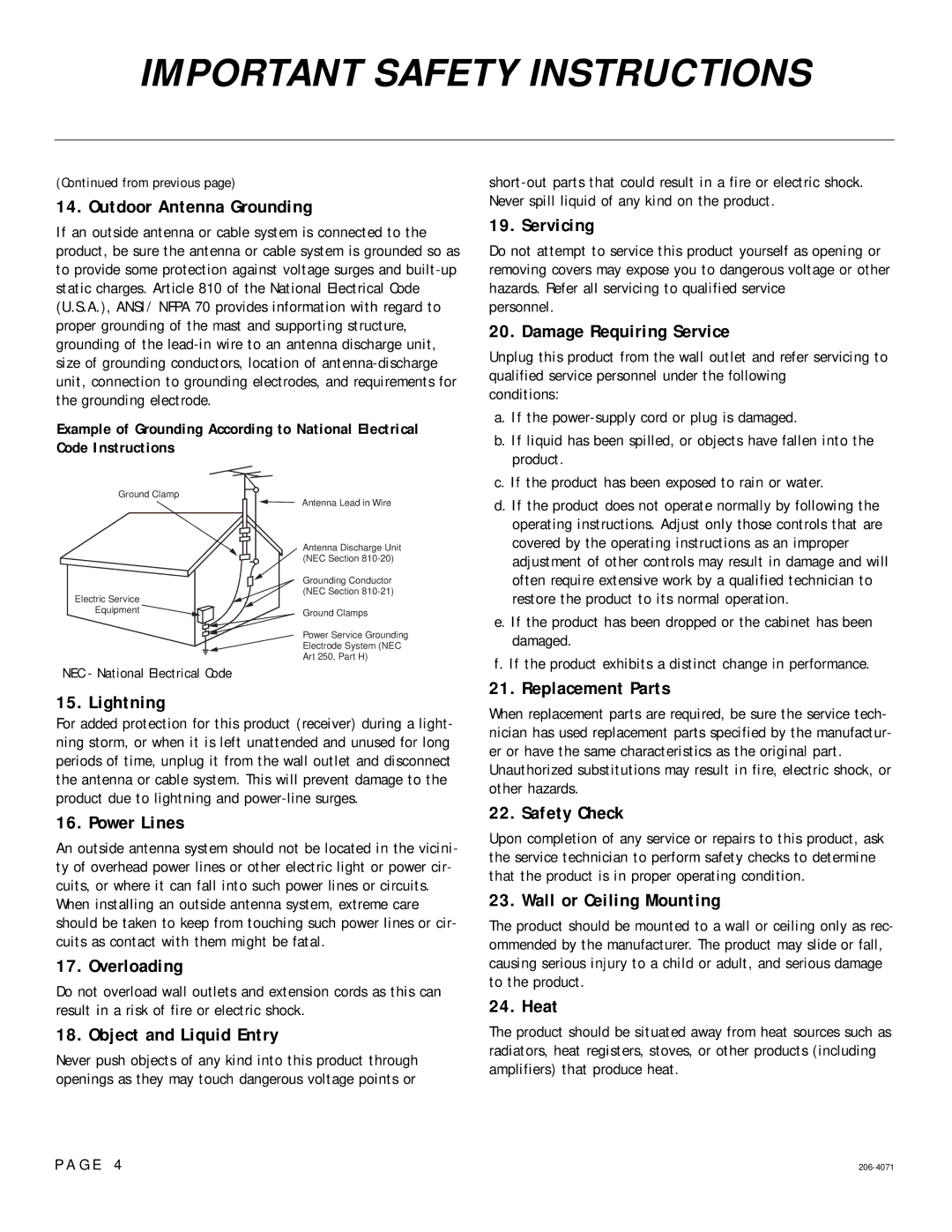 LG Electronics 26-3DCH-UA Outdoor Antenna Grounding, Lightning, Power Lines, Overloading, Object and Liquid Entry, Heat 