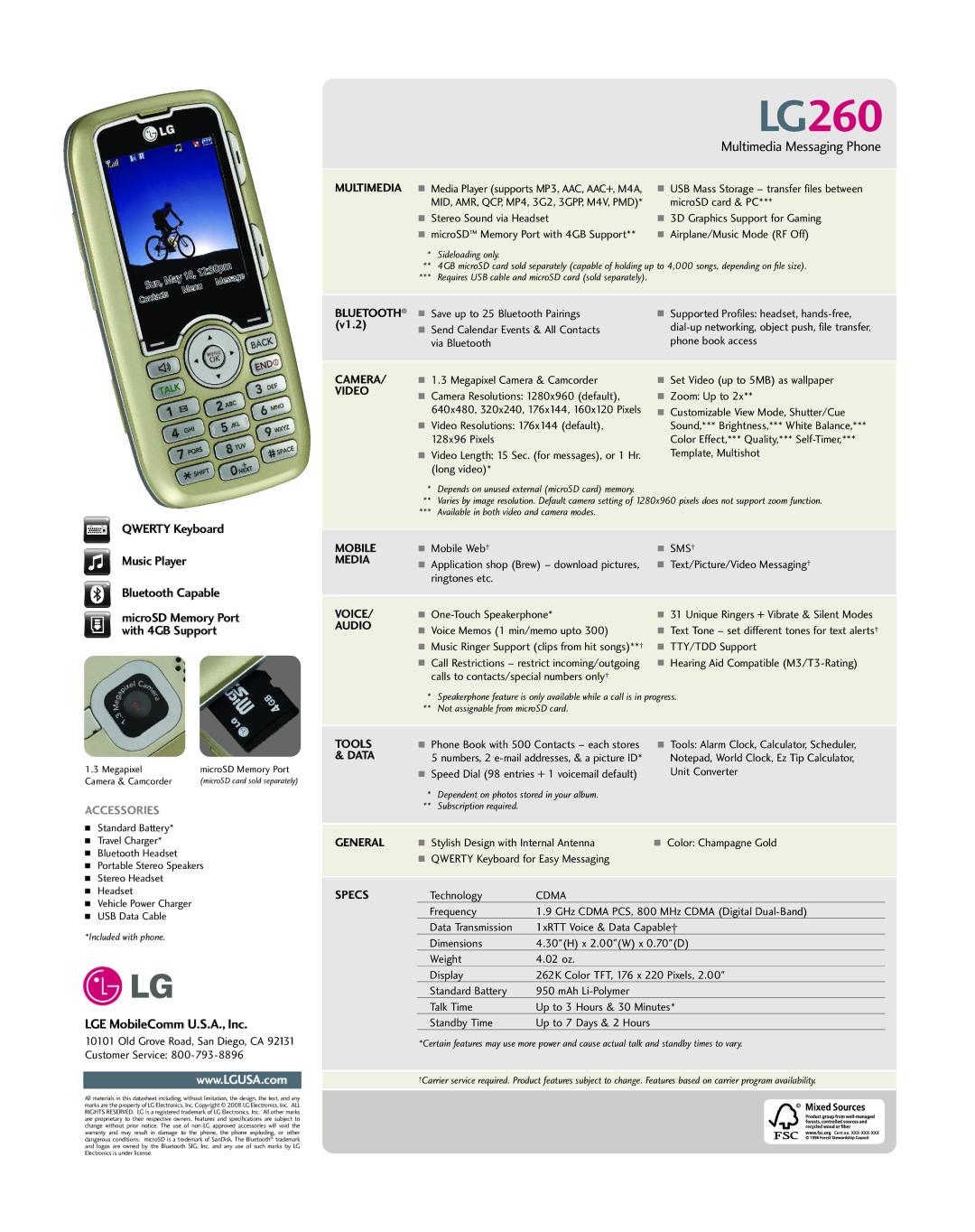 LG Electronics 260 manual Bluetooth, Camera, Video, Mobile, Media, Voice, Audio, Tools, Data, General, Specs 