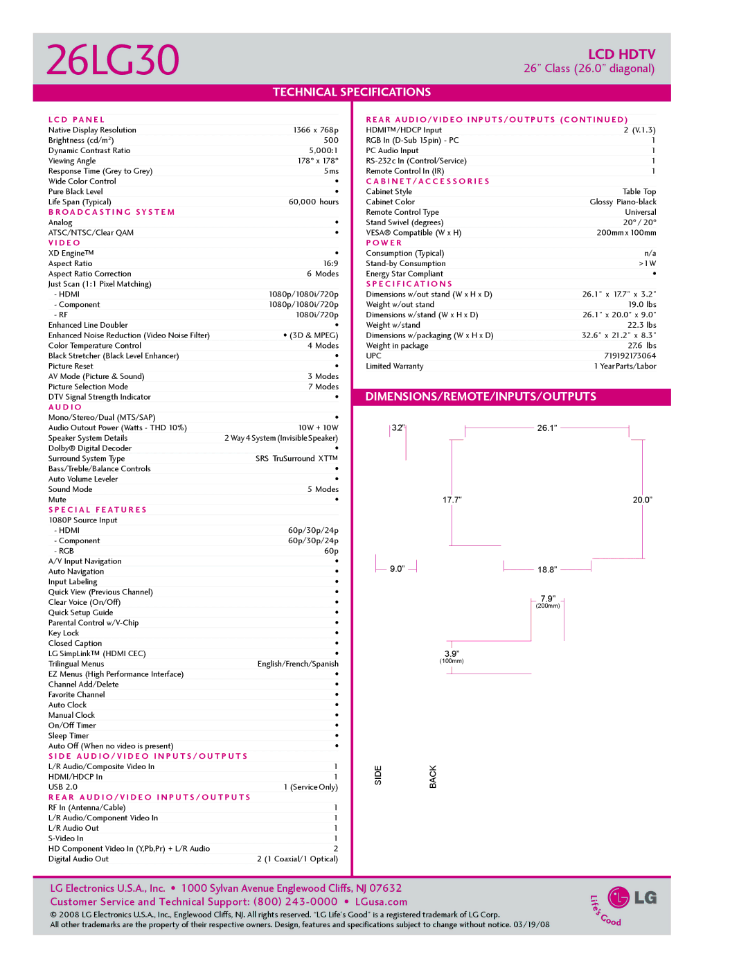 LG Electronics 2630 manual Technical Specifications, Dimensions/Remote/Inputs/Outputs 