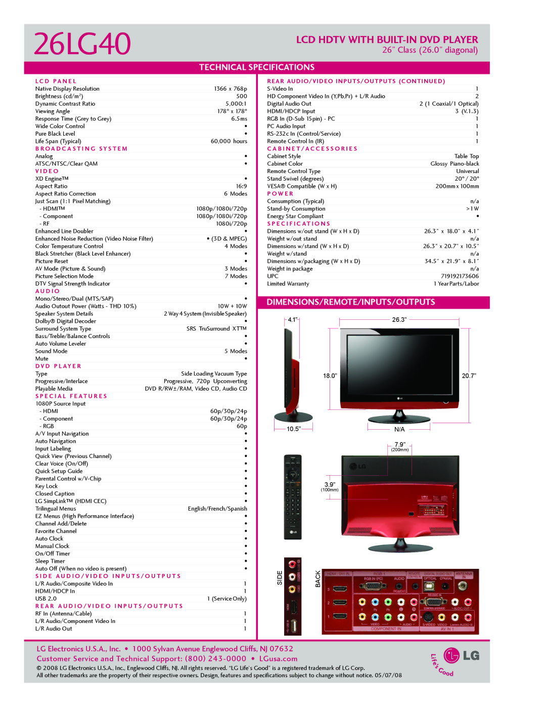 LG Electronics 2640 manual Technical Specifications, Dimensions/Remote/Inputs/Outputs 