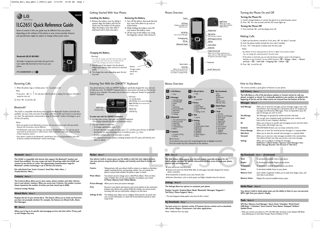 LG Electronics 265 specifications Getting Started With Your Phone, Phone Overview, Turning the Phone On and Off, Bluetooth 