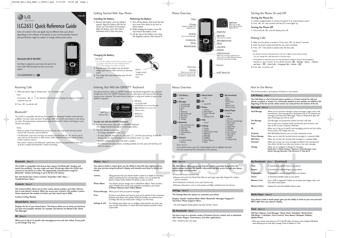 LG Electronics specifications LG265 Quick Reference Guide, Getting Started With Your Phone, Phone Overview, Bluetooth 
