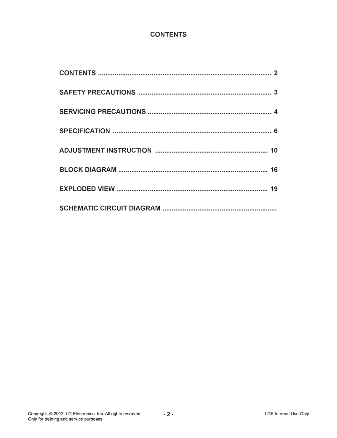 LG Electronics CS26460T-ZA Contents, Safety Precautions, Servicing Precautions, Specification, Adjustment Instruction 