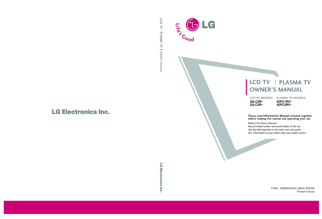 LG Electronics 42PC1RV, 26LC2R, 42PC3RV owner manual Lcd Tv 