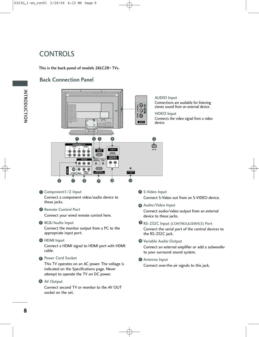 LG Electronics 42PC1RV This is the back panel of models 26LC2R* TVs, Connects the video signal from a video device 