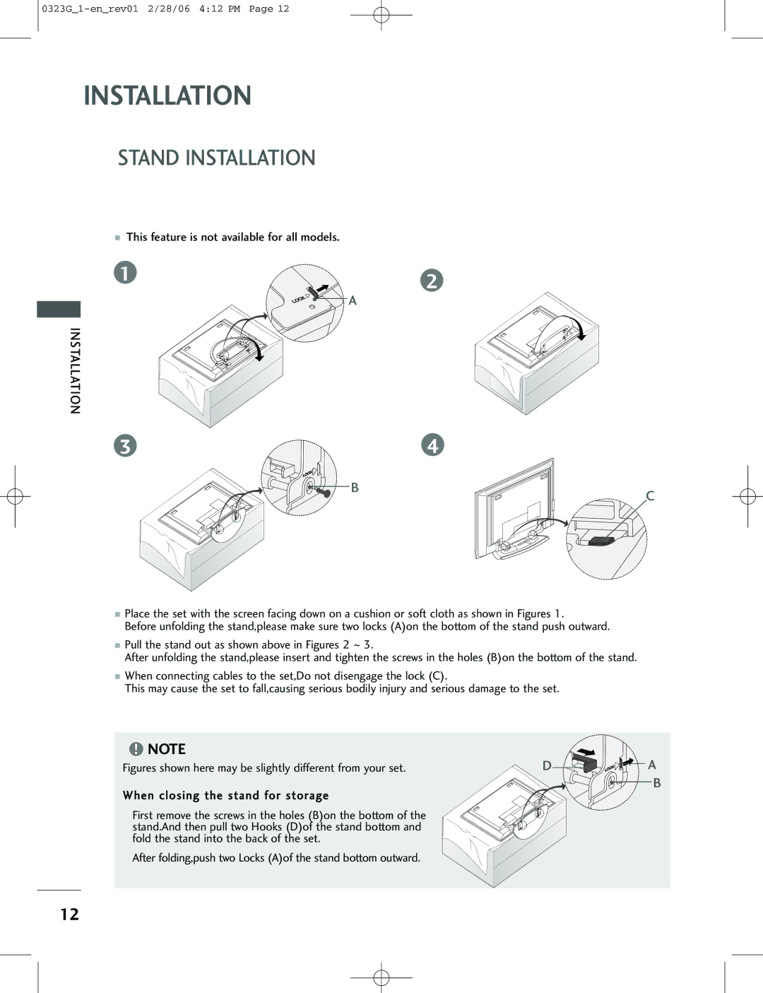 LG Electronics 42PC3RV, 26LC2R, 42PC1RV owner manual Stand Installation, This feature is not available for all models 