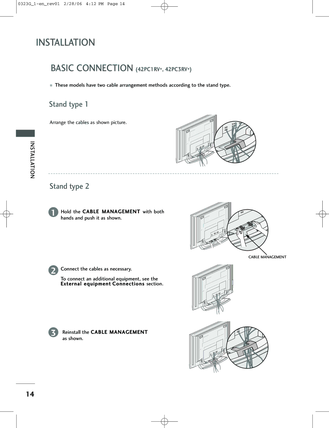 LG Electronics 42PC1RV, 26LC2R, 42PC3RV owner manual Arrange the cables as shown picture, Connect the cables as necessary 