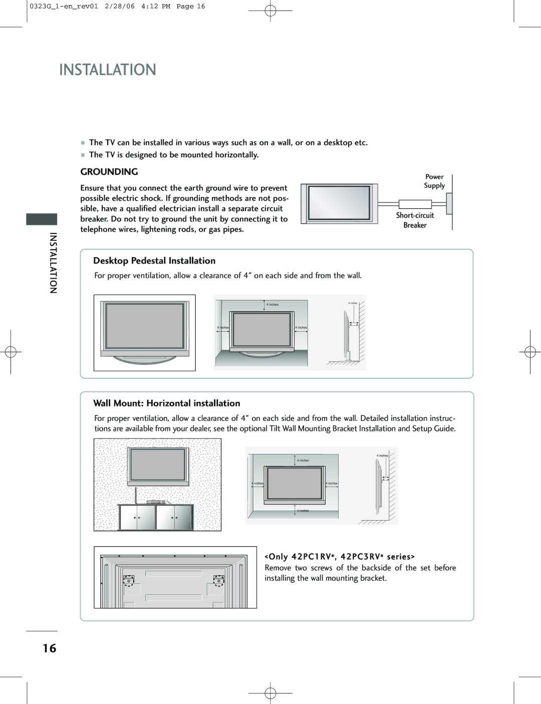 LG Electronics 26LC2R, 42PC1RV, 42PC3RV owner manual TV is designed to be mounted horizontally, Power Supply 