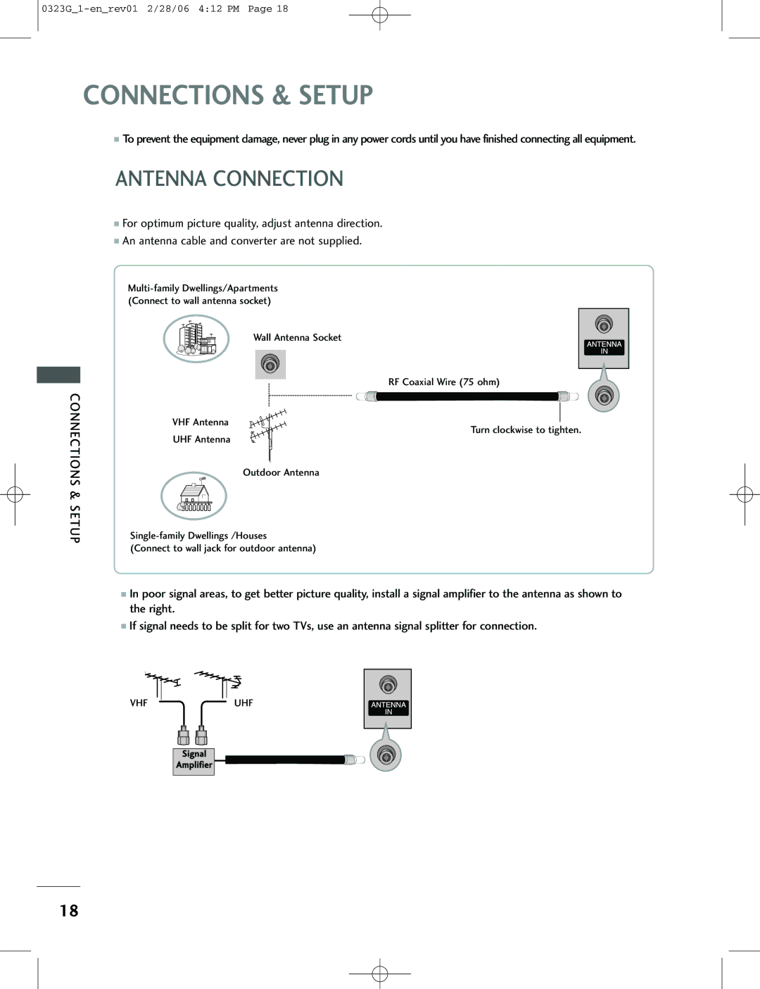 LG Electronics 42PC3RV, 26LC2R, 42PC1RV owner manual Connections & Setup, Antenna Connection 