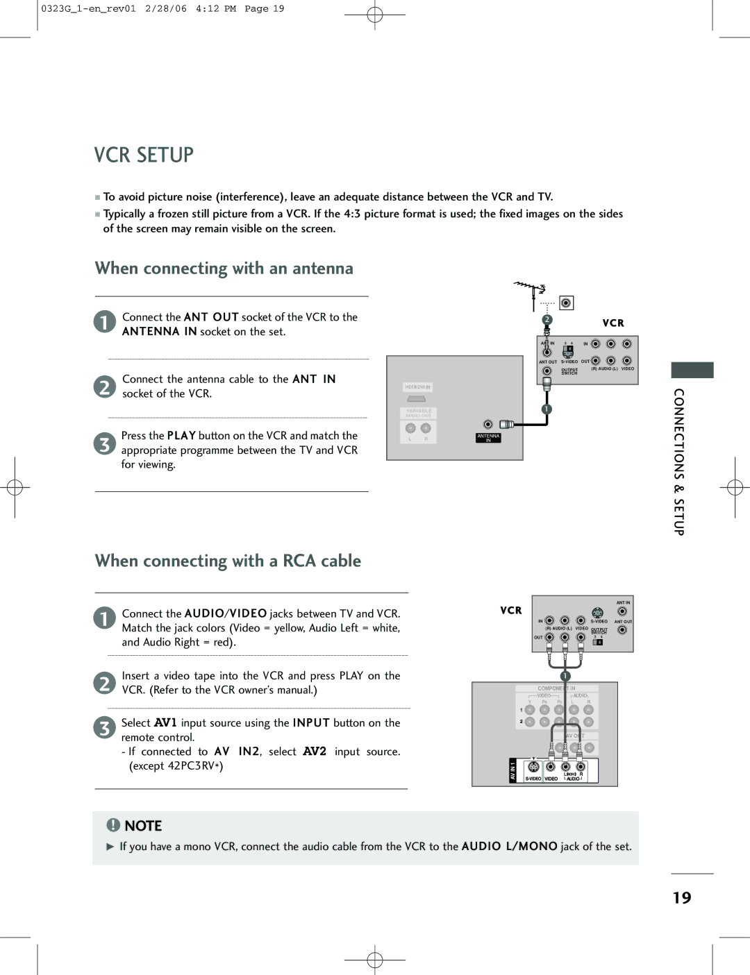 LG Electronics 26LC2R, 42PC1RV, 42PC3RV VCR Setup, When connecting with an antenna, When connecting with a RCA cable 