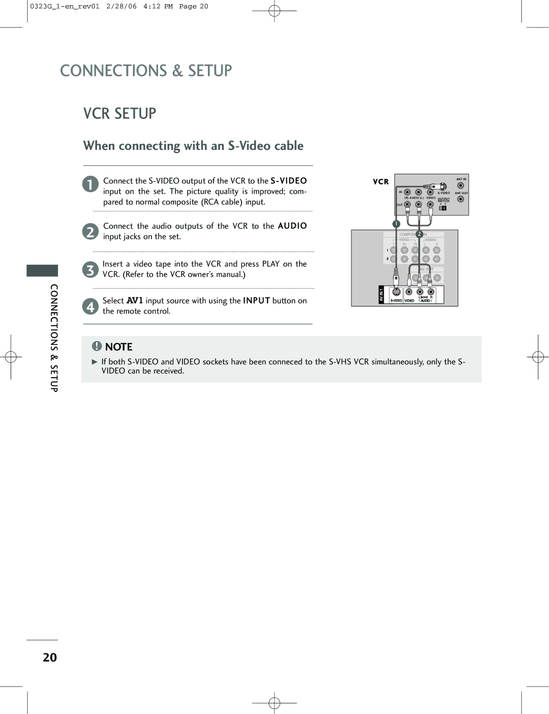 LG Electronics 42PC1RV, 26LC2R, 42PC3RV owner manual Connections & Setup, When connecting with an S-Video cable 