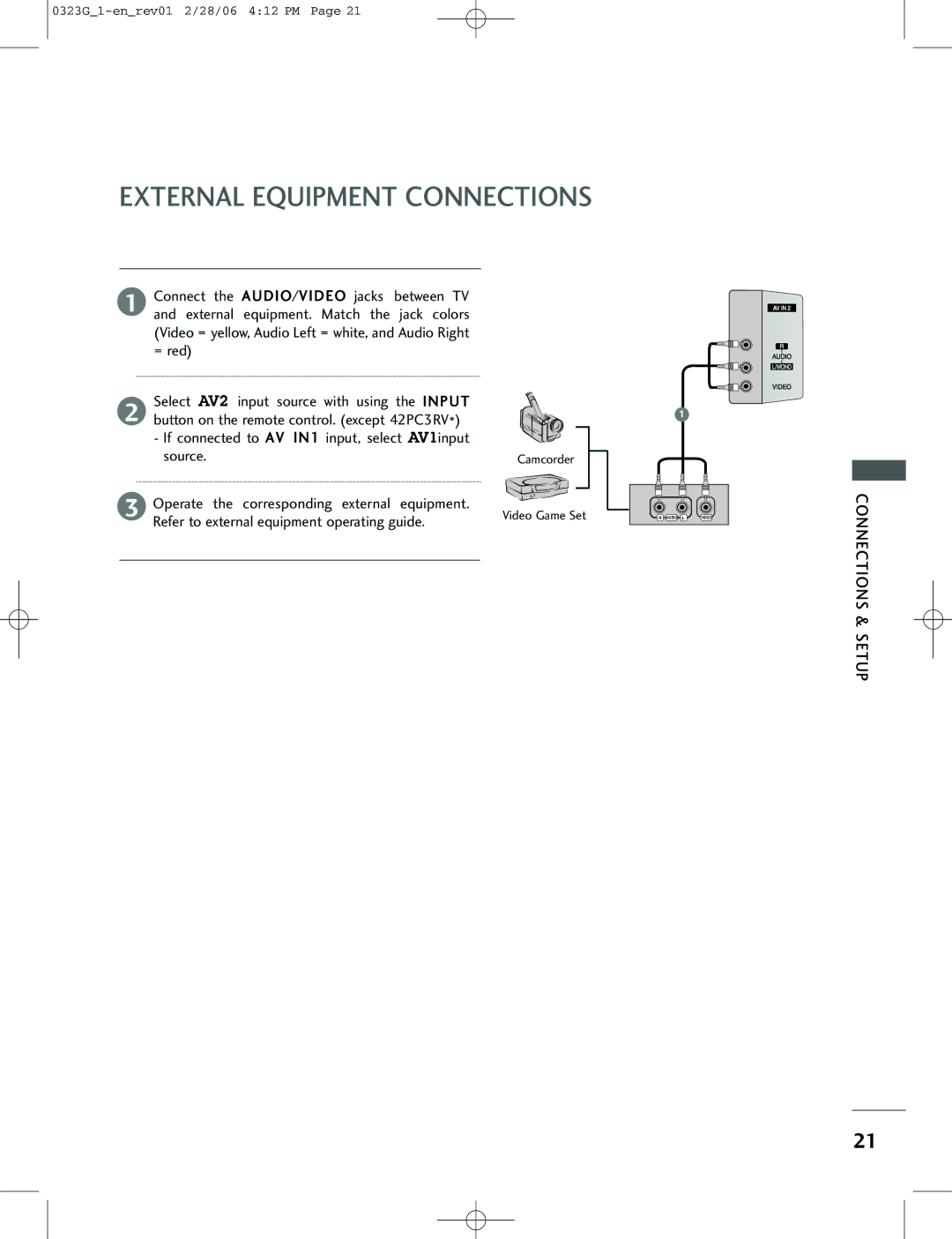 LG Electronics 42PC3RV, 26LC2R, 42PC1RV owner manual External Equipment Connections, Source, Camcorder Video Game Set 