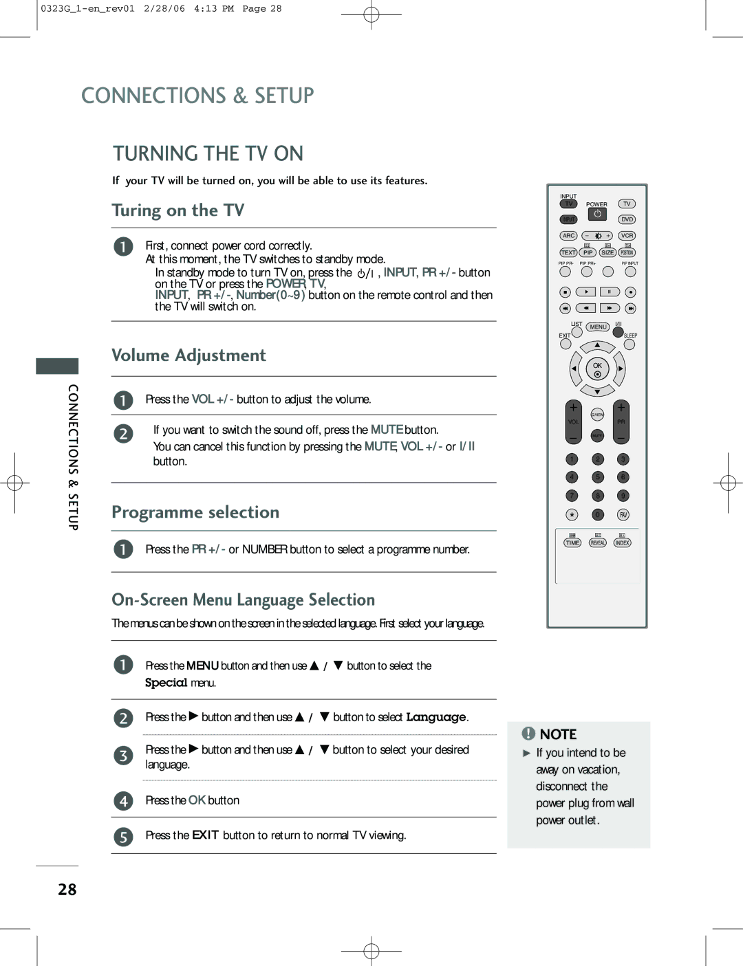 LG Electronics 26LC2R, 42PC1RV, 42PC3RV Turning the TV on, Turing on the TV, Volume Adjustment, Programme selection 