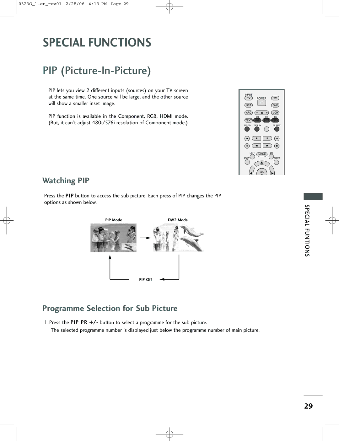 LG Electronics 42PC1RV, 26LC2R, 42PC3RV owner manual Watching PIP, Programme Selection for Sub Picture 