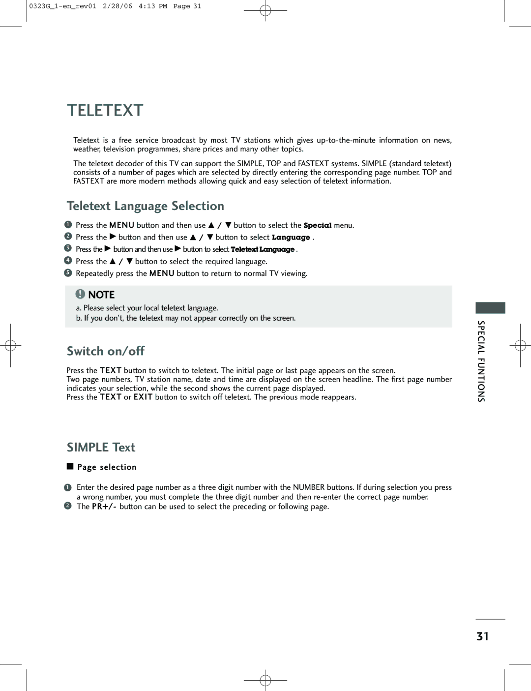 LG Electronics 26LC2R, 42PC1RV, 42PC3RV owner manual Teletext Language Selection, Switch on/off, Simple Text 