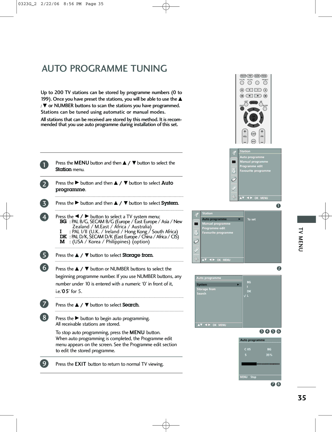 LG Electronics 42PC1RV, 26LC2R, 42PC3RV Auto Programme Tuning, Press the Exit button to return to normal TV viewing 