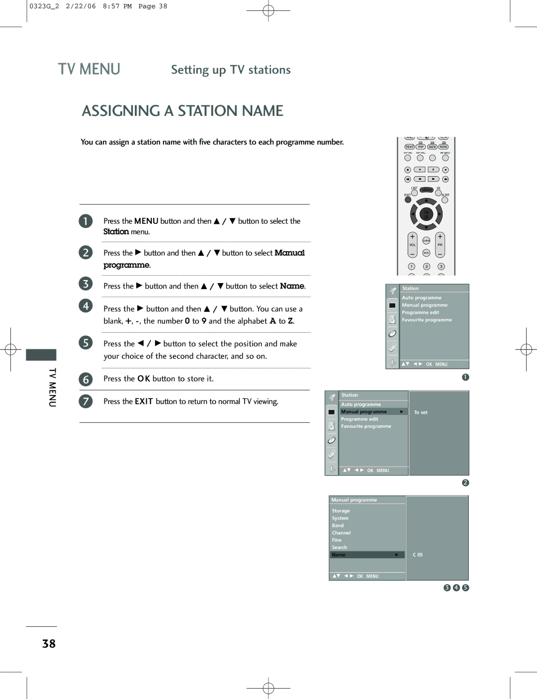 LG Electronics 42PC1RV, 26LC2R, 42PC3RV Assigning a Station Name, Press the Menu button and then D / E button to select 